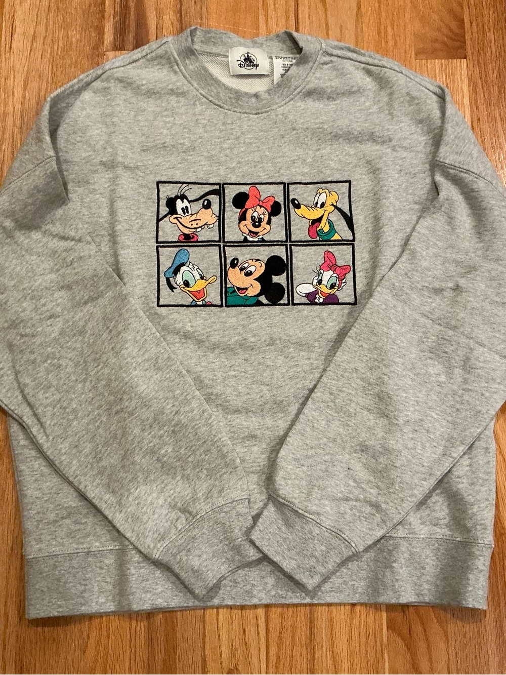 Disney Gray Crewneck with Colorful Character Grid Patch